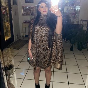 High Neck Leopard Print Cloak Sleeve Dress
